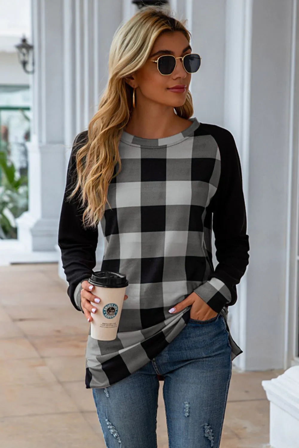 Plaid Round Neck Long Sleeve T-Shirt - Korvel