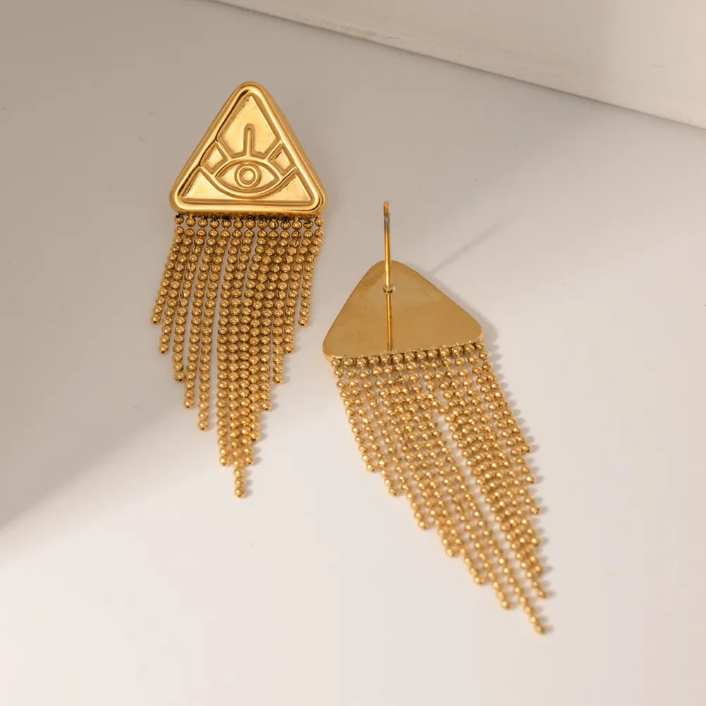 Triangular relief devil's eye design with tassel titanium steel earrings - Korvel