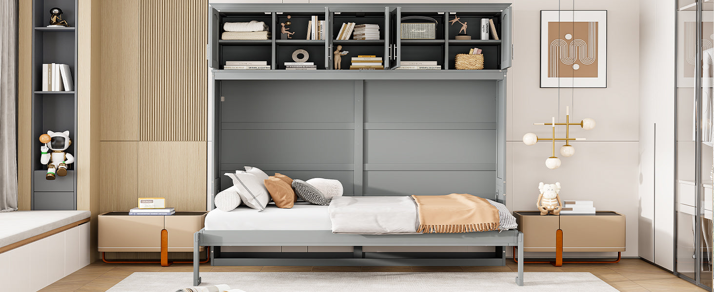 Full Size Murphy Bed Wall Bed with Top Cabinets,Gray - Korvel