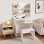 Vanity Desk Set Stool & Dressing Table with LED Lighting Mirror Drawer and Wood Cosmetic Table Chest of Drawers White Color - Korvel