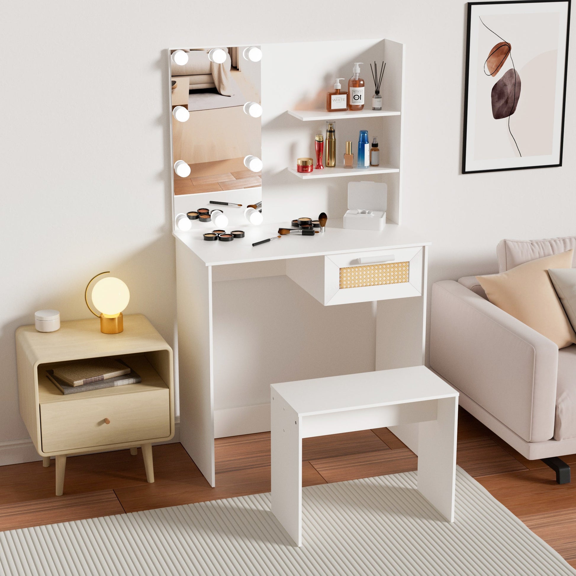 Vanity Desk Set Stool & Dressing Table with LED Lighting Mirror Drawer and Wood Cosmetic Table Chest of Drawers White Color - Korvel