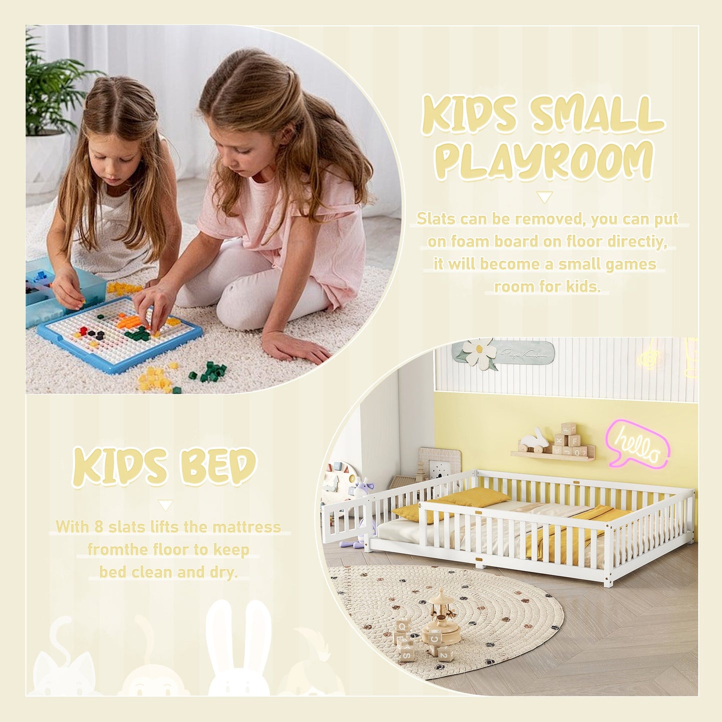 Queen Size Bed Floor Bed with Safety Guardrails and Door for Kids, White - Korvel