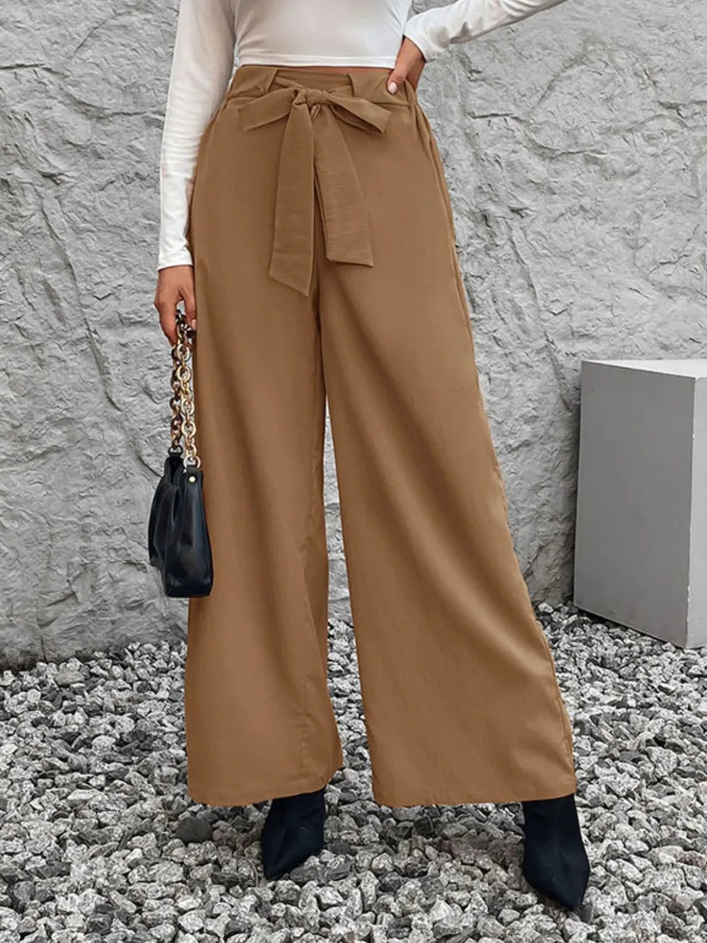 Pantalons larges à taille haute avec lien