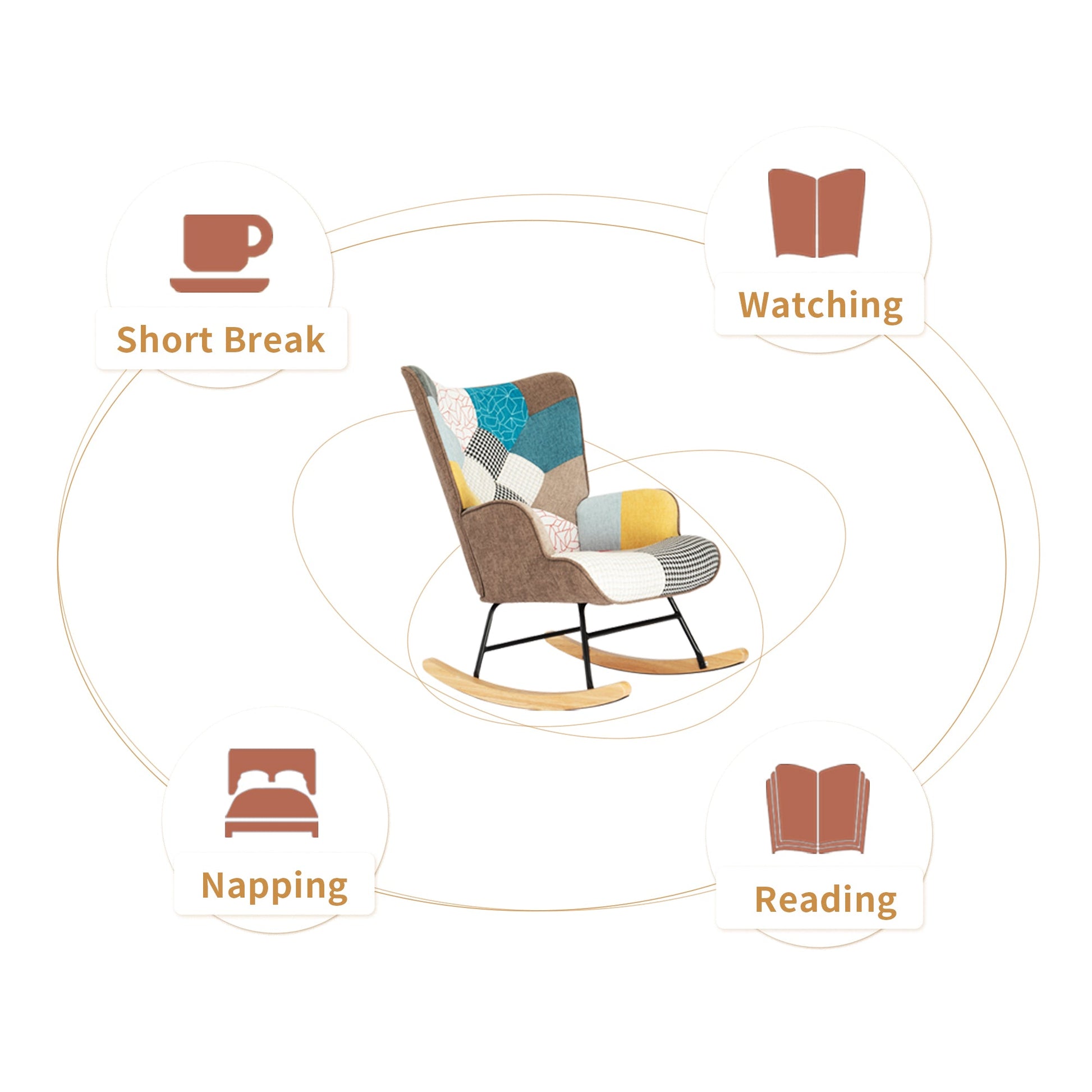 Rocking Chair with ottoman, Mid Century Fabric Rocker Chair with Wood Legs and Patchwork Linen for Livingroom Bedroom - Korvel