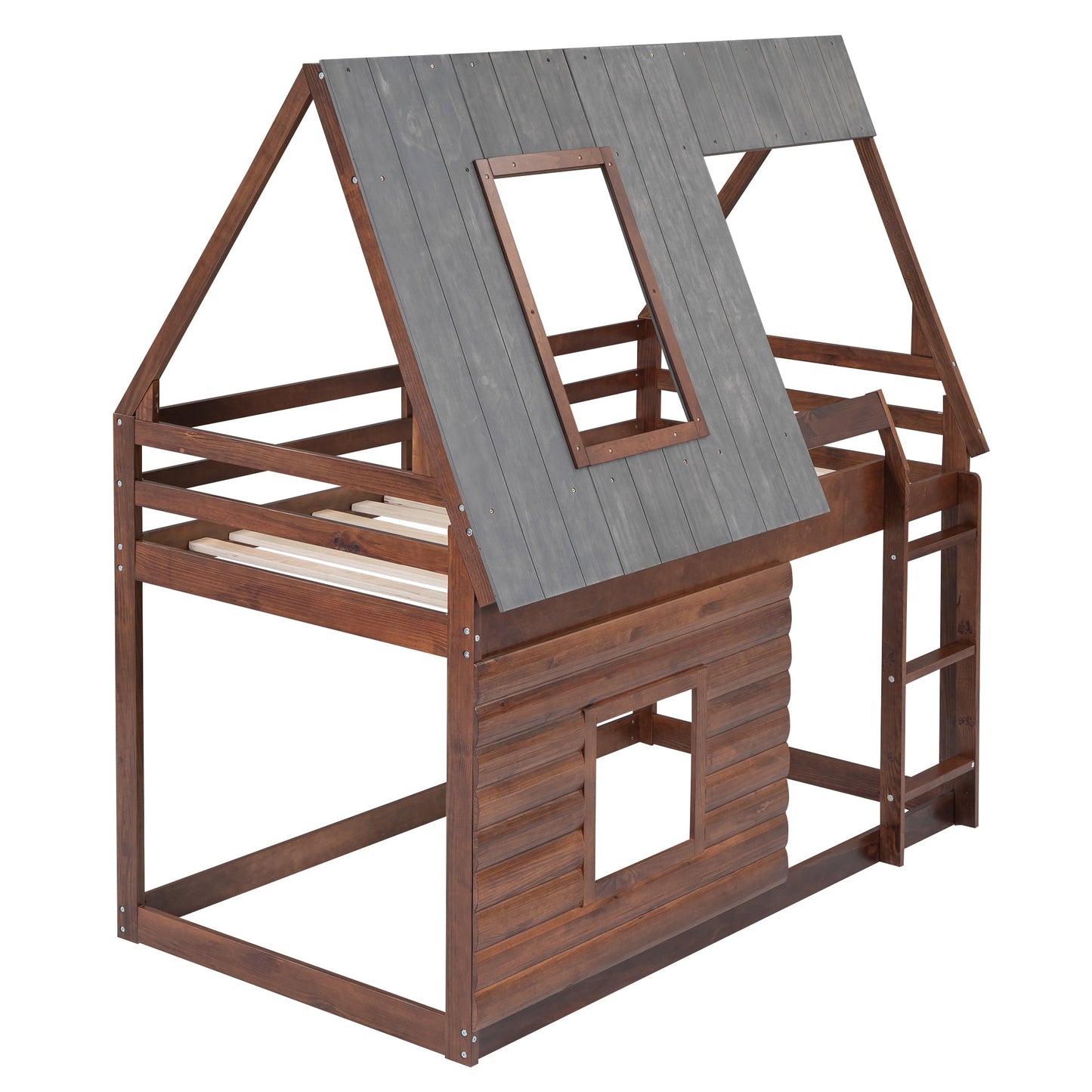 Wood Twin Size House Bunk Bed with Roof, Ladder and 2 Windows, Oak & Smoky Grey - Korvel