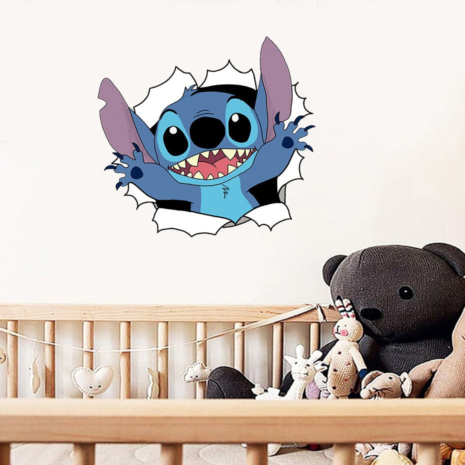 3D Broken Wall Stitch Wallpaper Children's Room Art Poster Decoration Self Adhesive Cartoon Anime Sticker Glass Door Sticker - Korvel