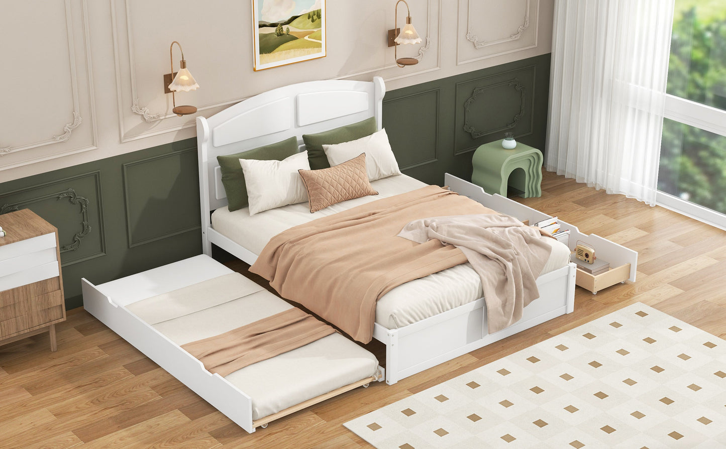 Lit plateforme queen en bois blanc élégant avec lit gigogne