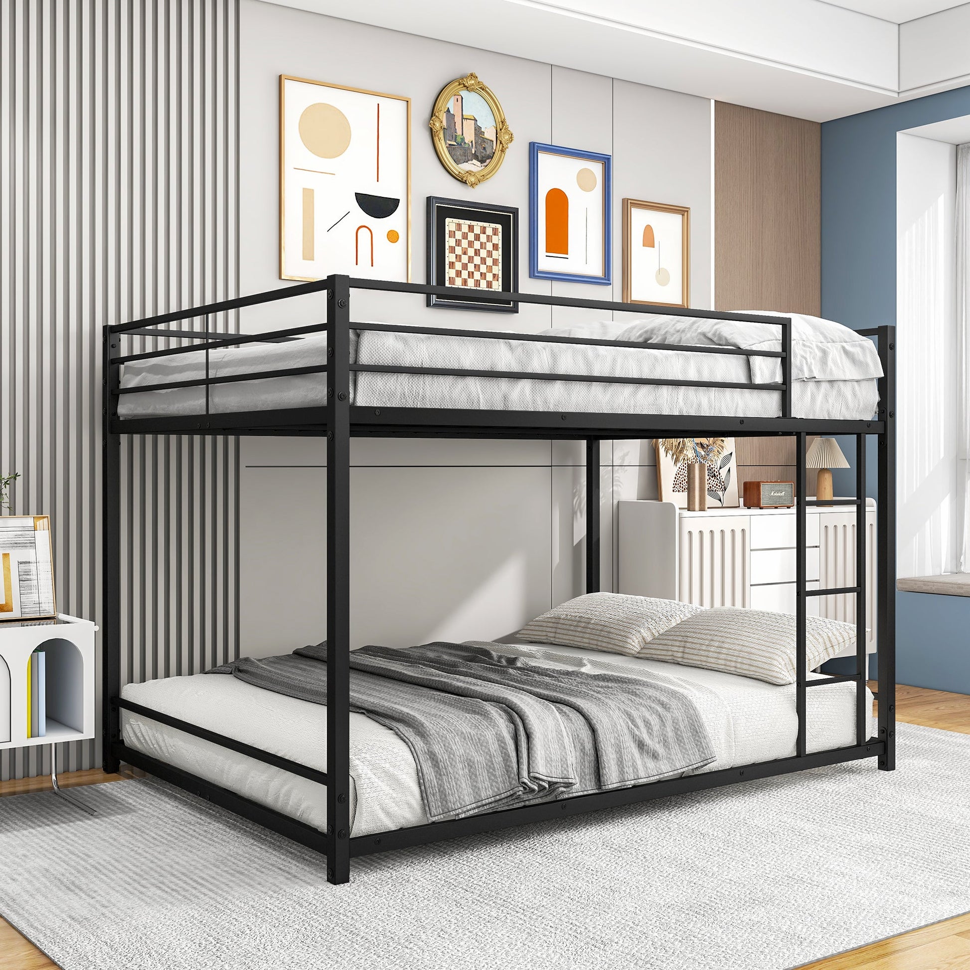 Metal Bunk Bed Full Over Full Bunk Bed Frame with Safety Guard Rails Heavy Duty Space-Saving Design Easy Assembly Black - Korvel