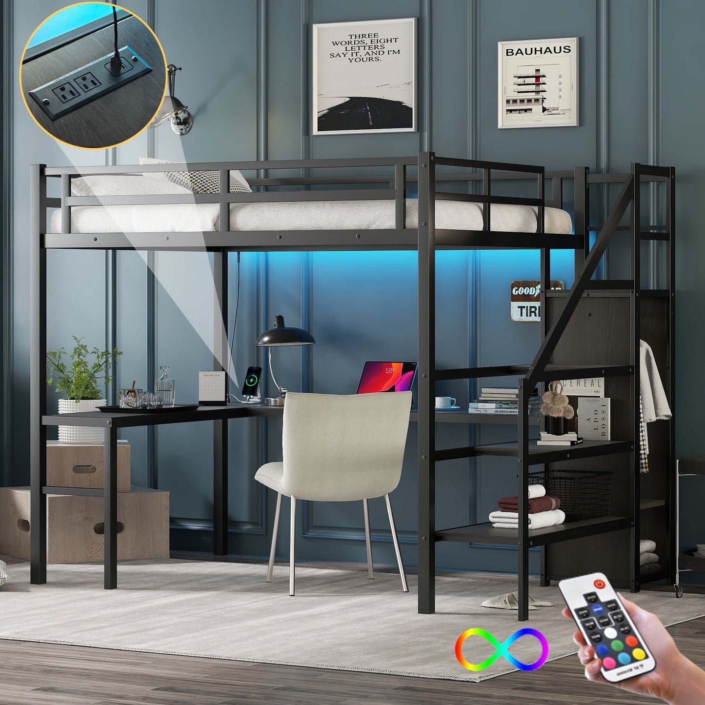 Full Size Loft Bed with L-shaped Desk and USB - Black