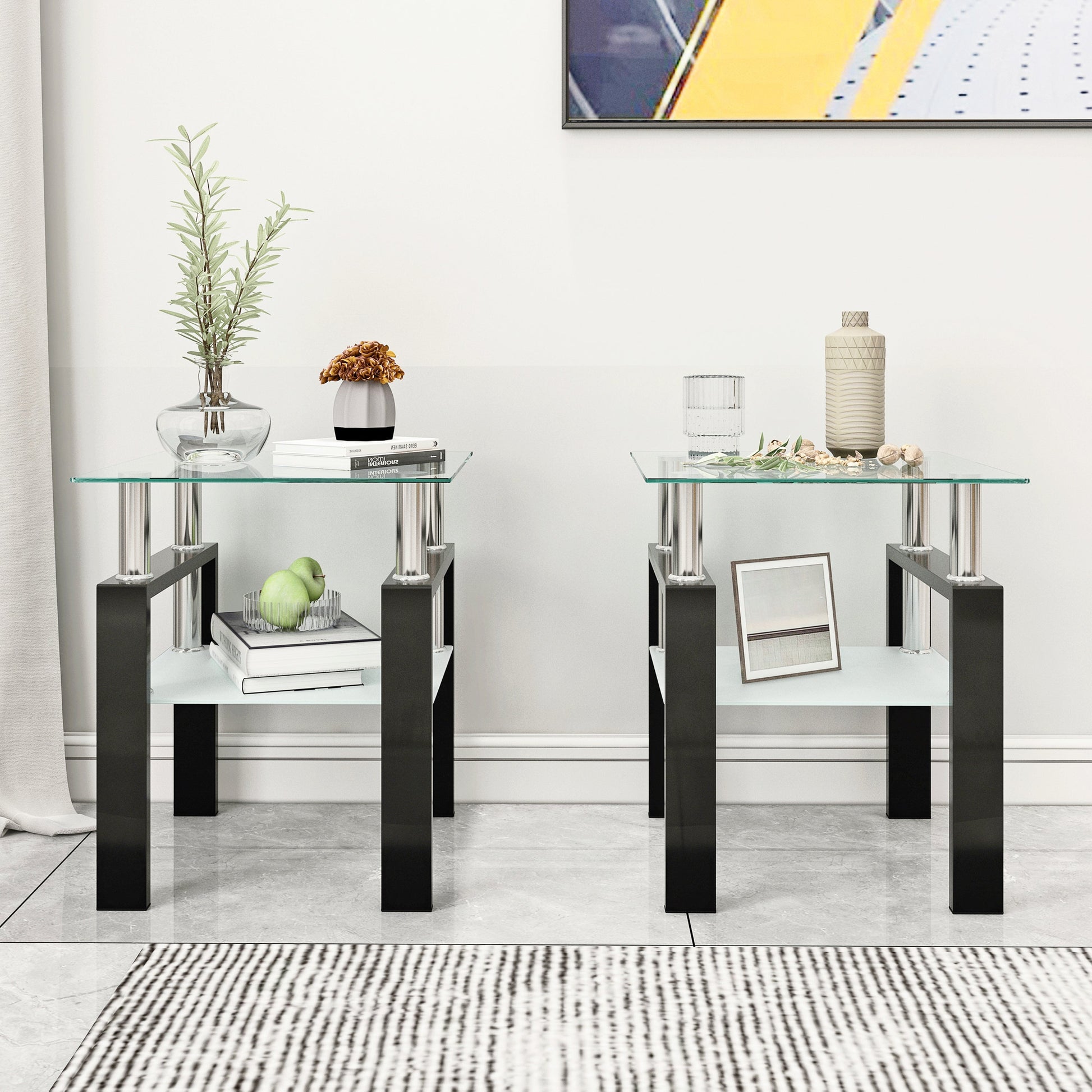 Set of 2, Modern Tempered Glass Tea Table Coffee Table End Table, Square Table for Living Room, Transparent/Black - Korvel