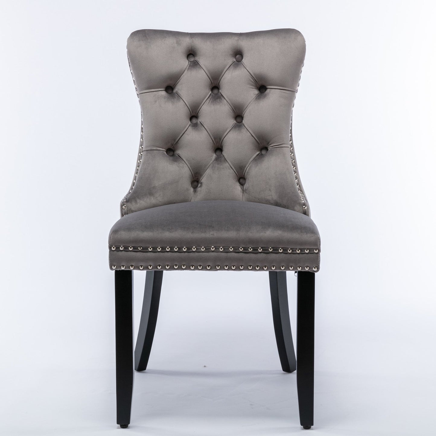 Modern high-end plush solid wood velvet cushioned dining chair with wooden leg nail head decoration, two piece set in gray - Korvel