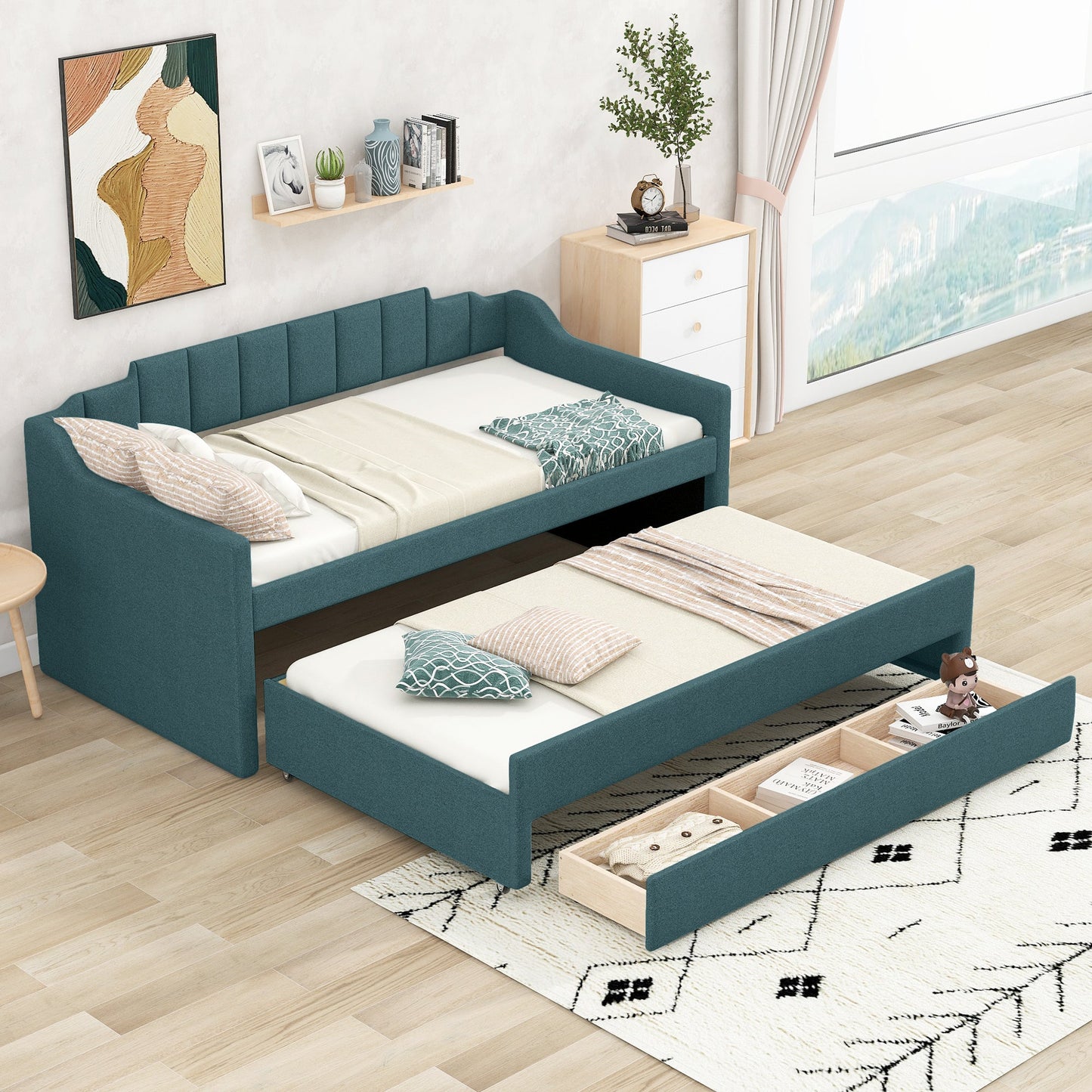Twin Size Upholstered Daybed with Trundle and Three Drawers,Green - Korvel