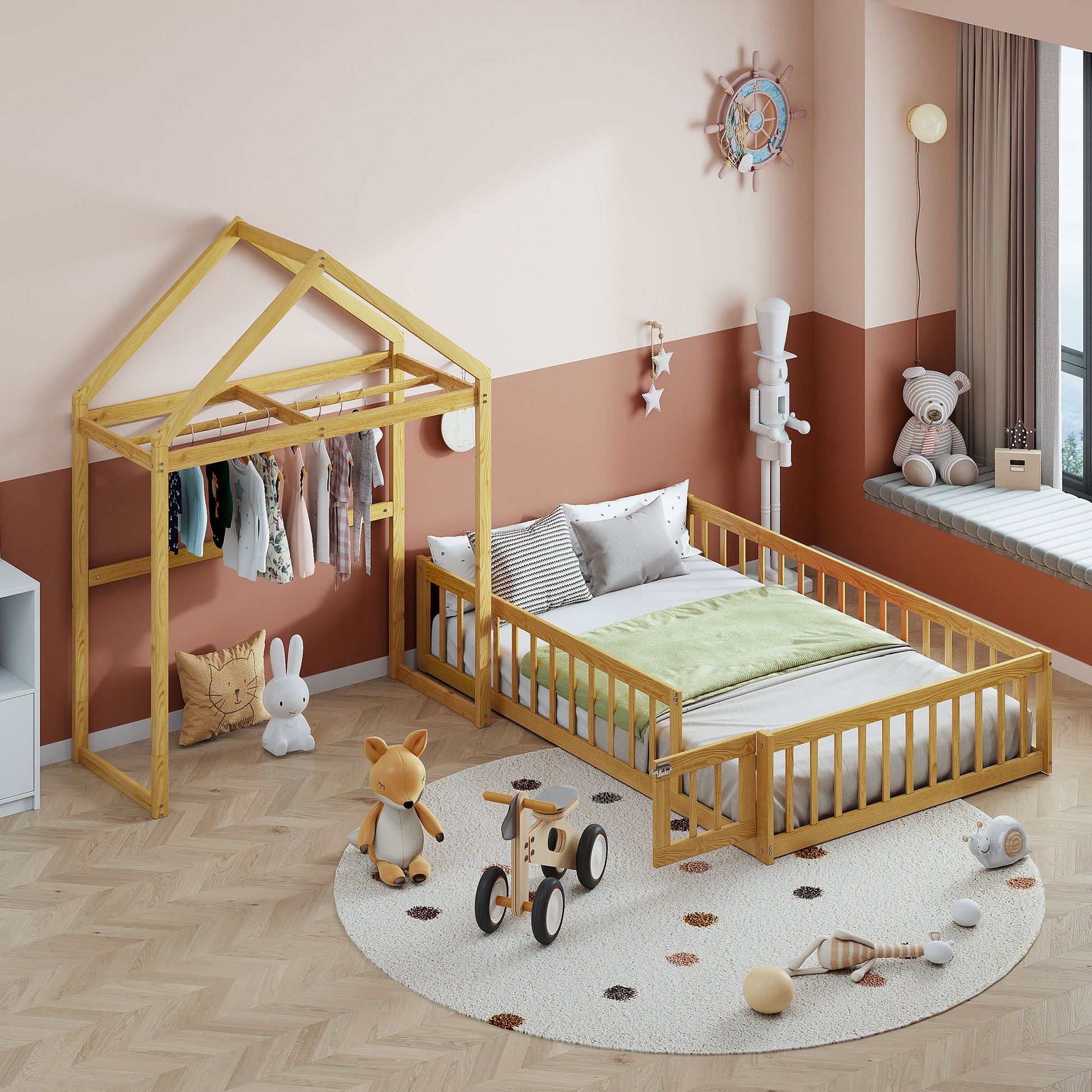 Wooden Full Size Children's Bed with Detachable Headboard and Integrated Clothes Drying Rack, Natural - Korvel