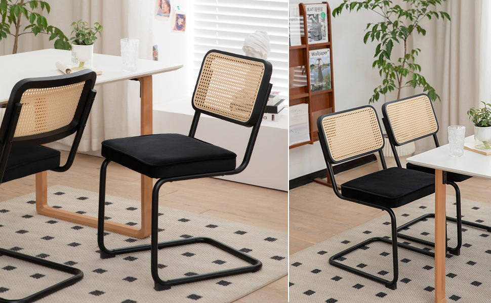 Dining Chairs Set of 2 velvet wicker side decorative chairs, black painted legs, modern medieval Bruell designed chairs, - Korvel