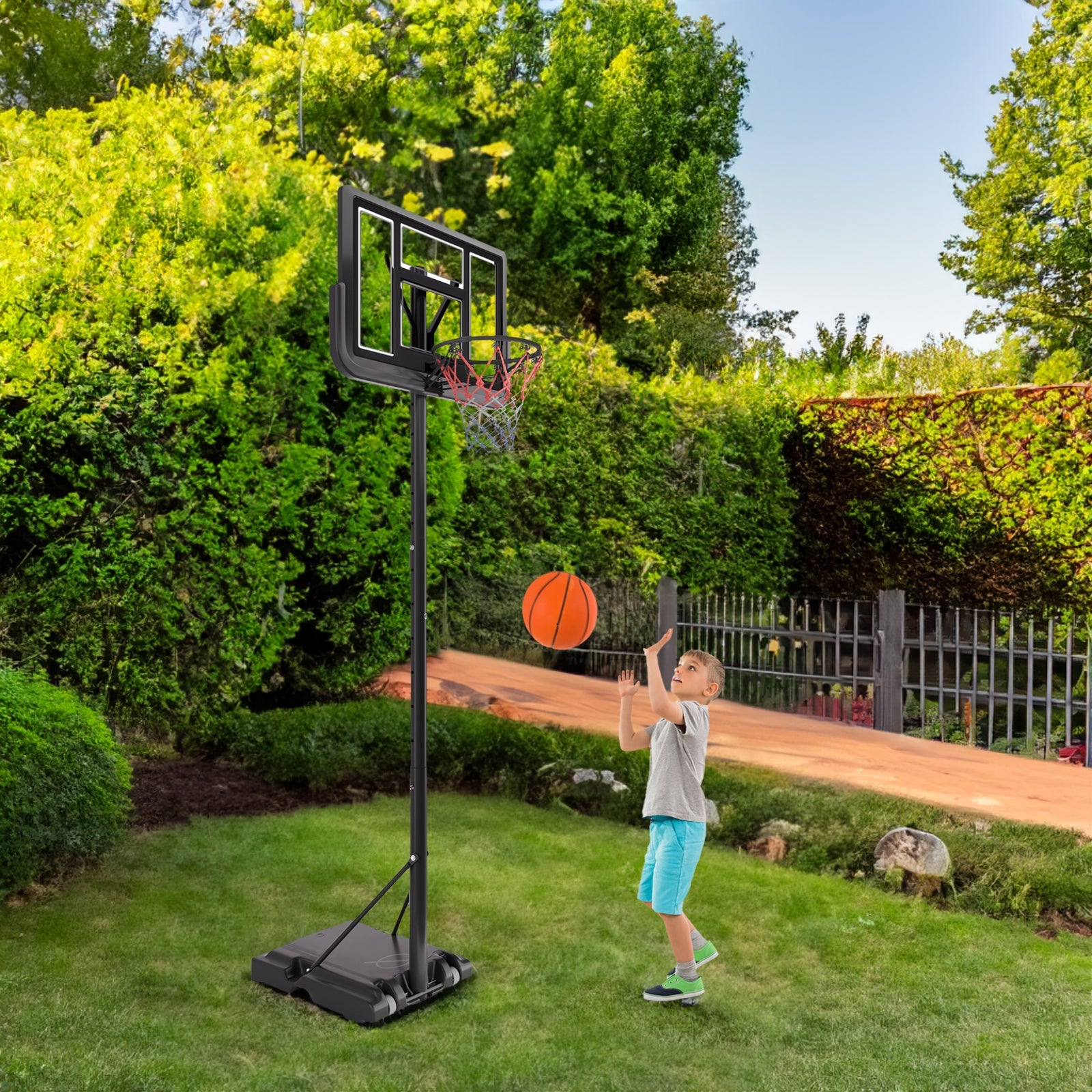 Basketball Hoop Basketball System 4.76-10ft Height Adjustable with 4 Basketball, Net Pocket, Inflator Set - Korvel