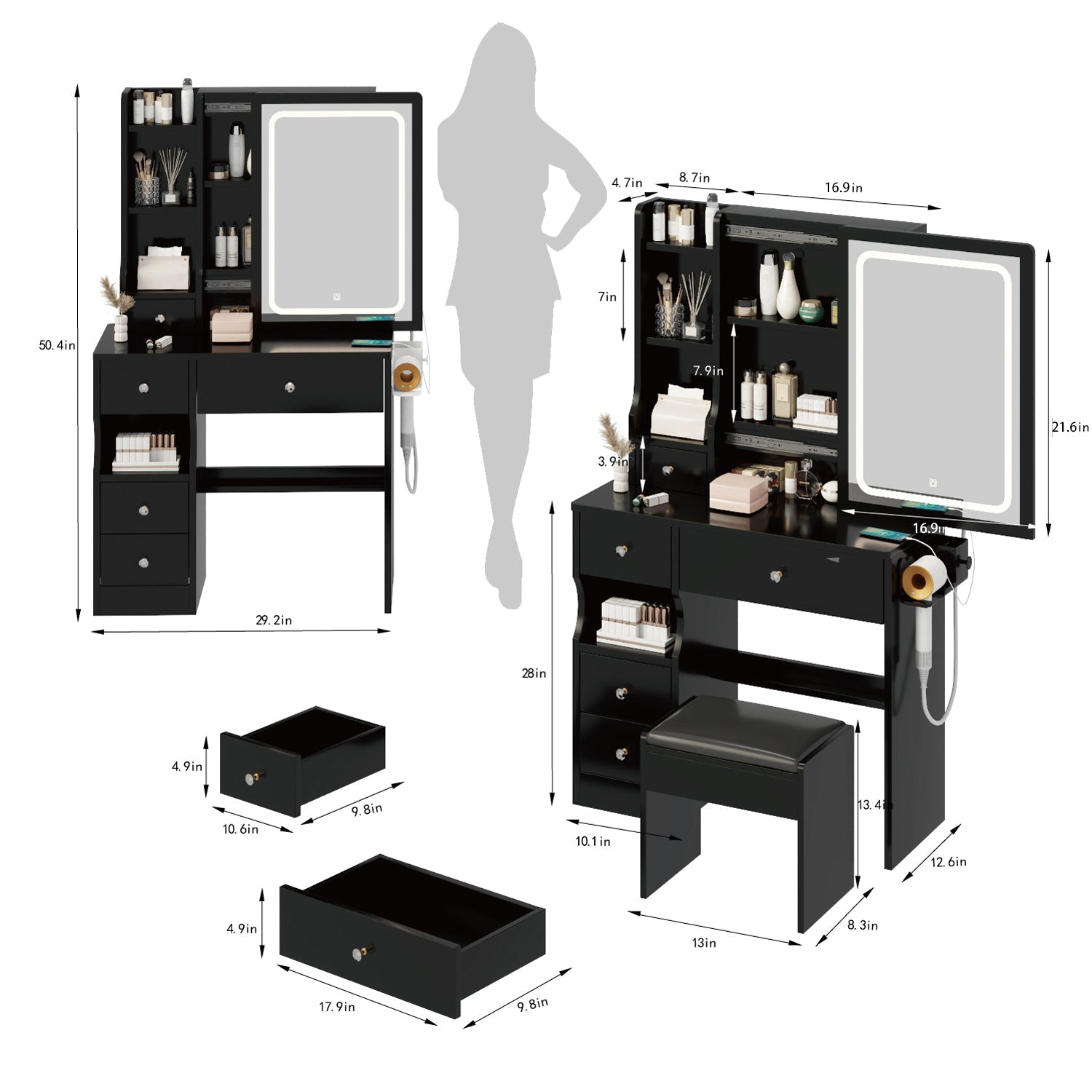 Left drawer desktop vanity+cushioned stool, 2 AC+2 USB power stations, touch sliding LED mirror, tri color switch - Korvel