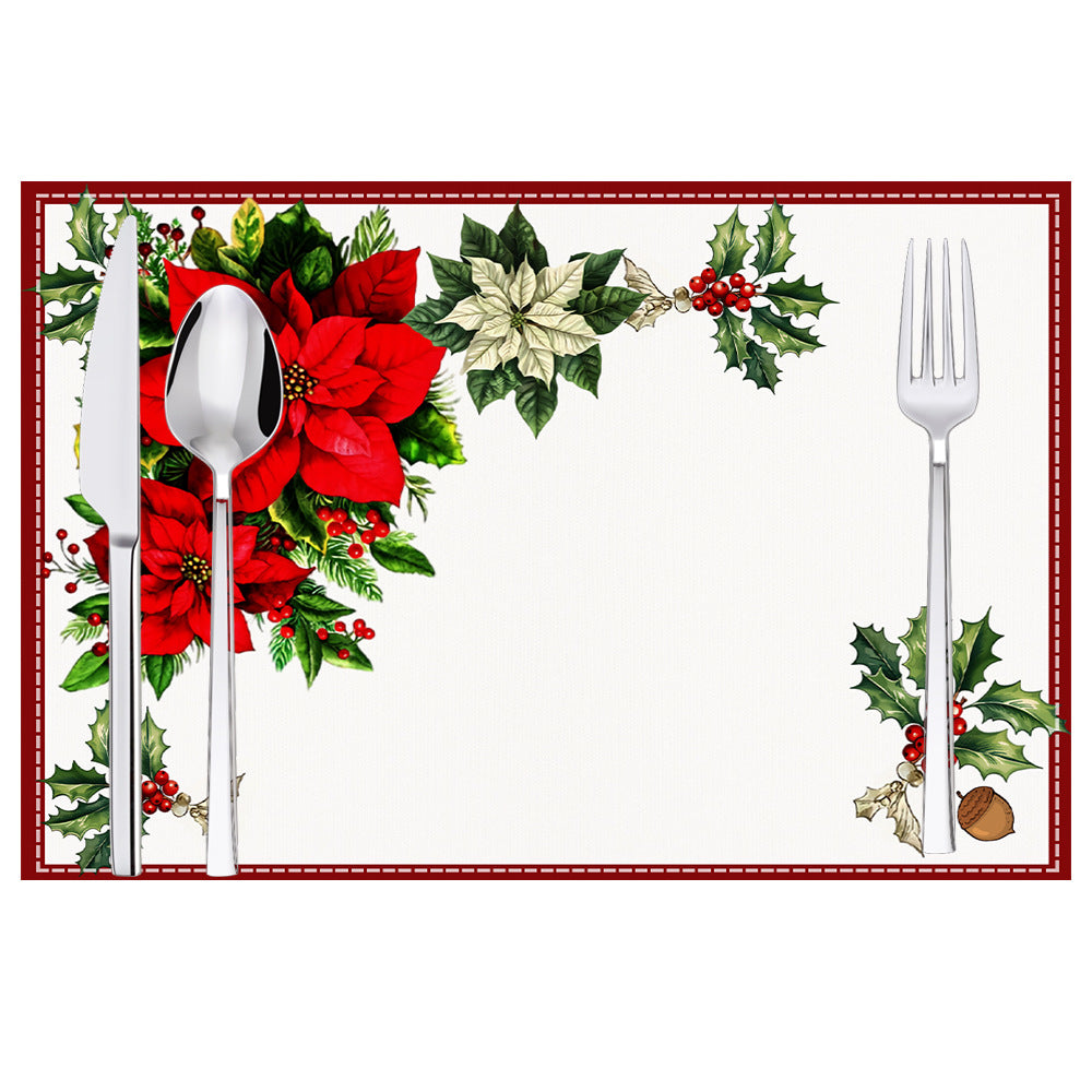 Christmas Red Flower Meal Mat Flower Pinecone Printed Table Mat Holiday Table Insulation Mat - Korvel