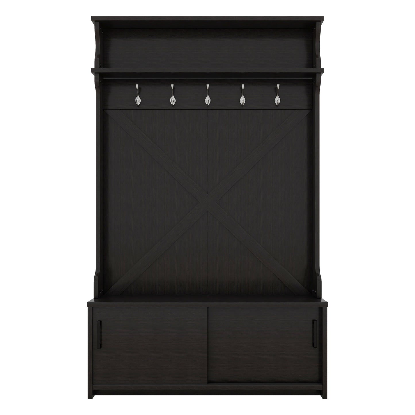 Hall tree with roof rack and storage platform, corridor shoe cabinet with sliding door, clothes hanger with 5 hooks black - Korvel