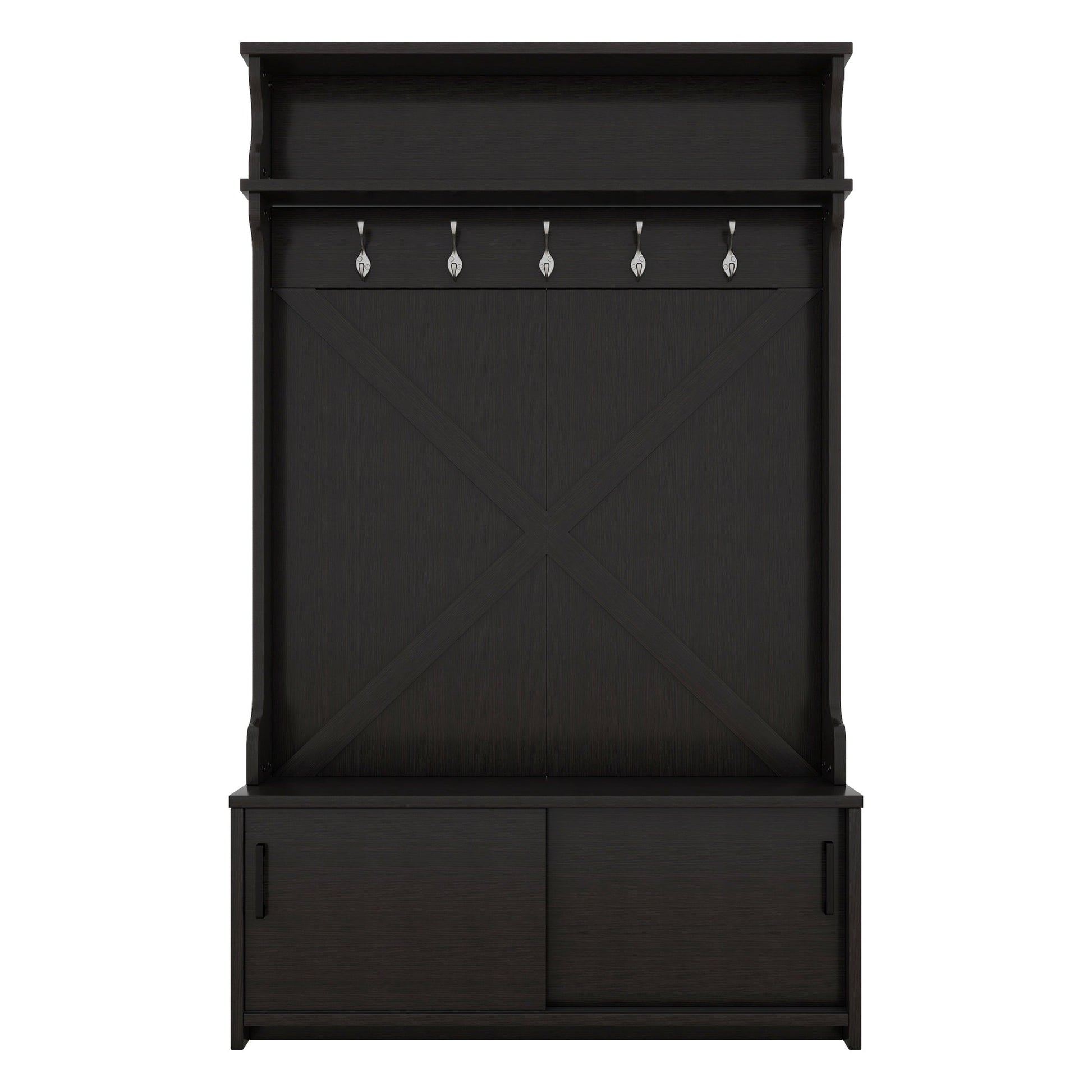 Hall tree with roof rack and storage platform, corridor shoe cabinet with sliding door, clothes hanger with 5 hooks black - Korvel