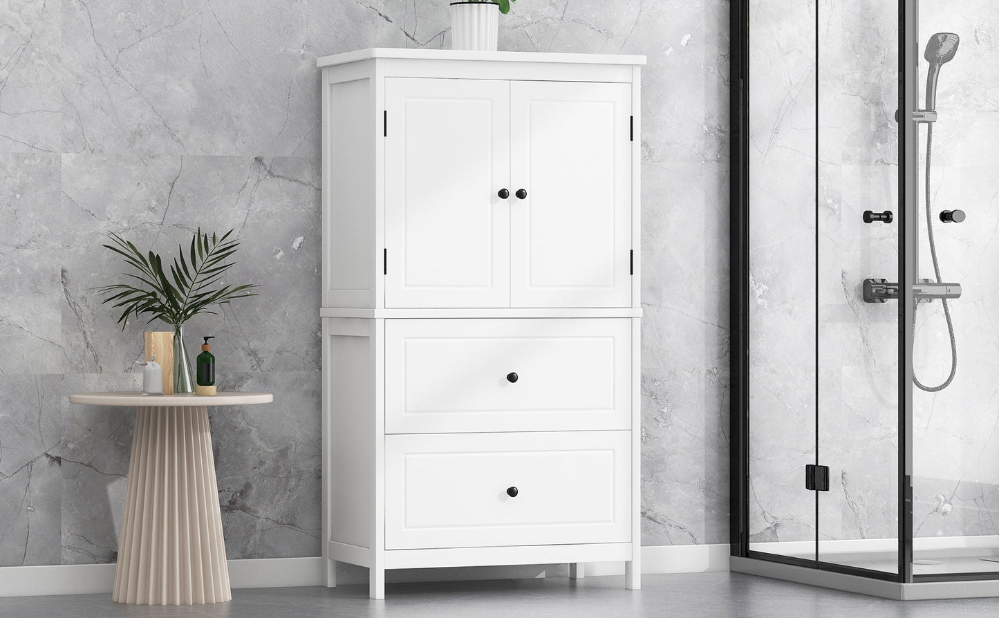 Bathroom Storage Cabinet, Cabinet with Two Doors and Drawers, Adjustable Shelf, MDF Board, White - Korvel