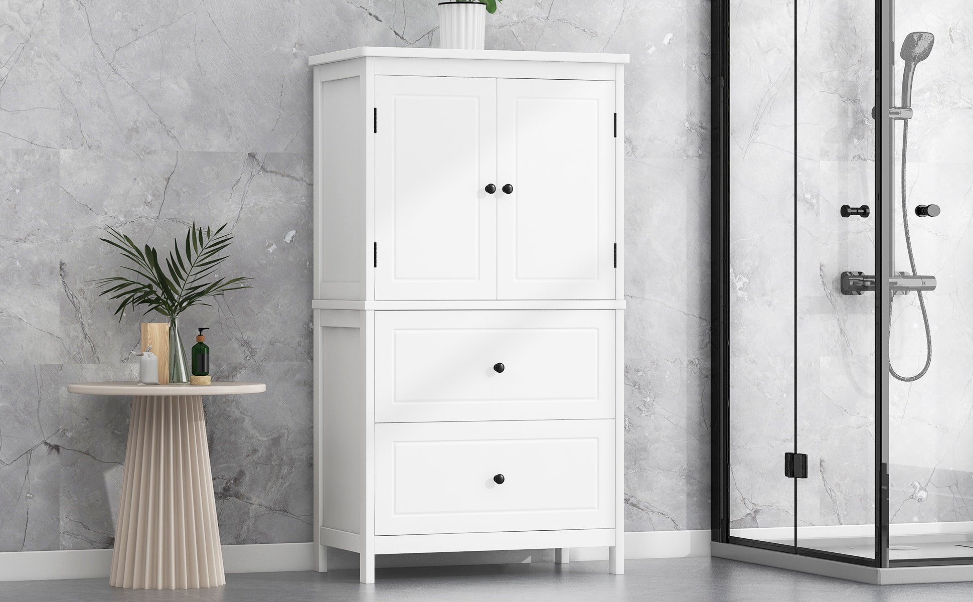 Bathroom Storage Cabinet, Cabinet with Two Doors and Drawers, Adjustable Shelf, MDF Board, White - Korvel