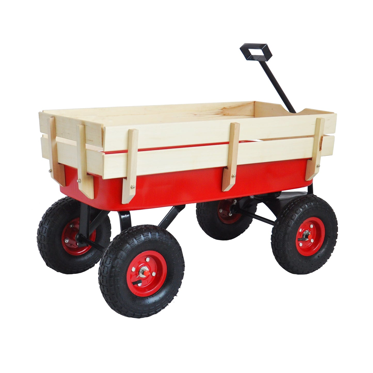 Outdoor Wagon All Terrain Pulling w/Wood Railing Air Tires Children Kid Garden（Red） - Korvel