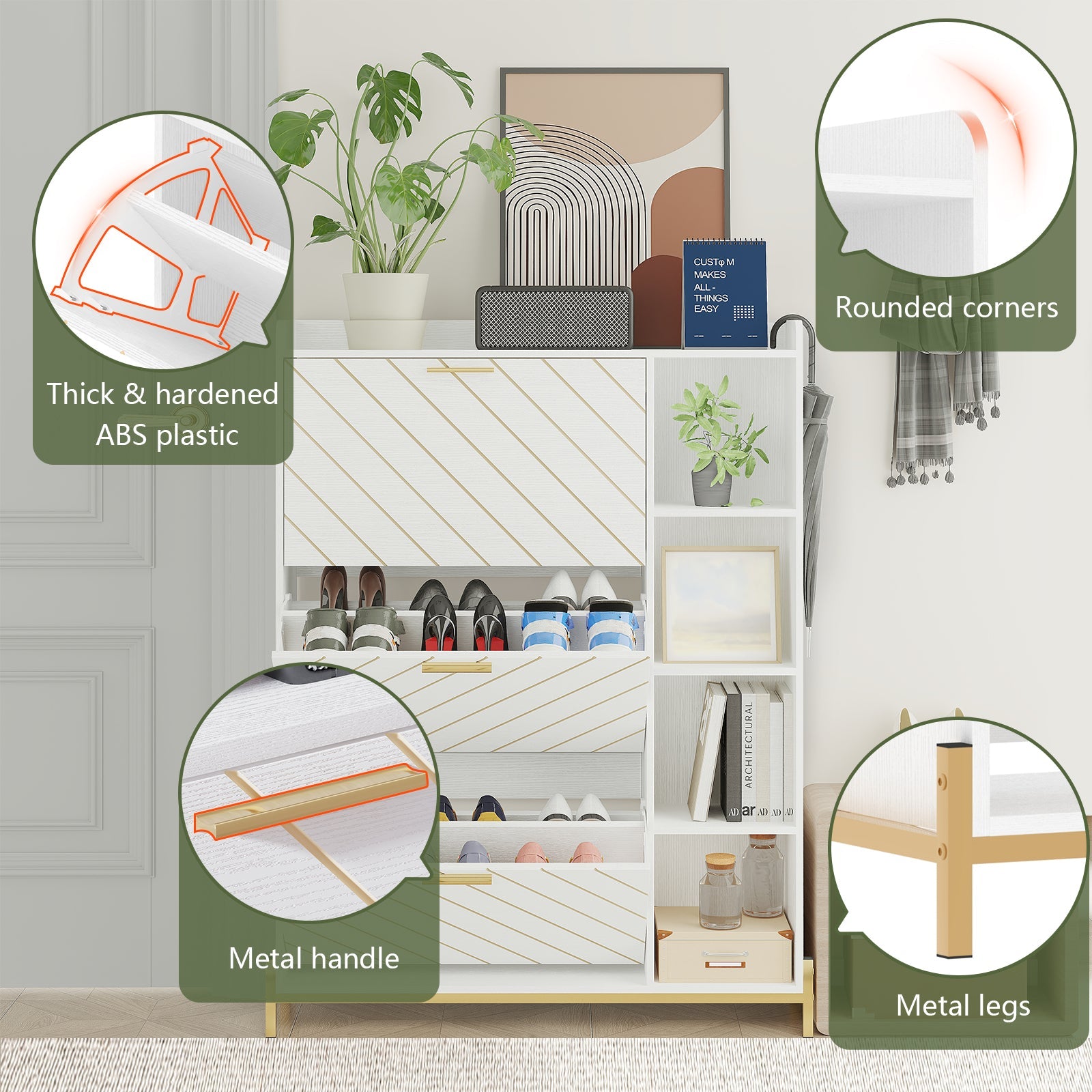 Shoe Cabinet with 3 Flip Drawers & Open Shelves, Modern Entryway Shoe Storage Cabinet Slim, Narrow Hidden Shoe Rack for Heels - Korvel