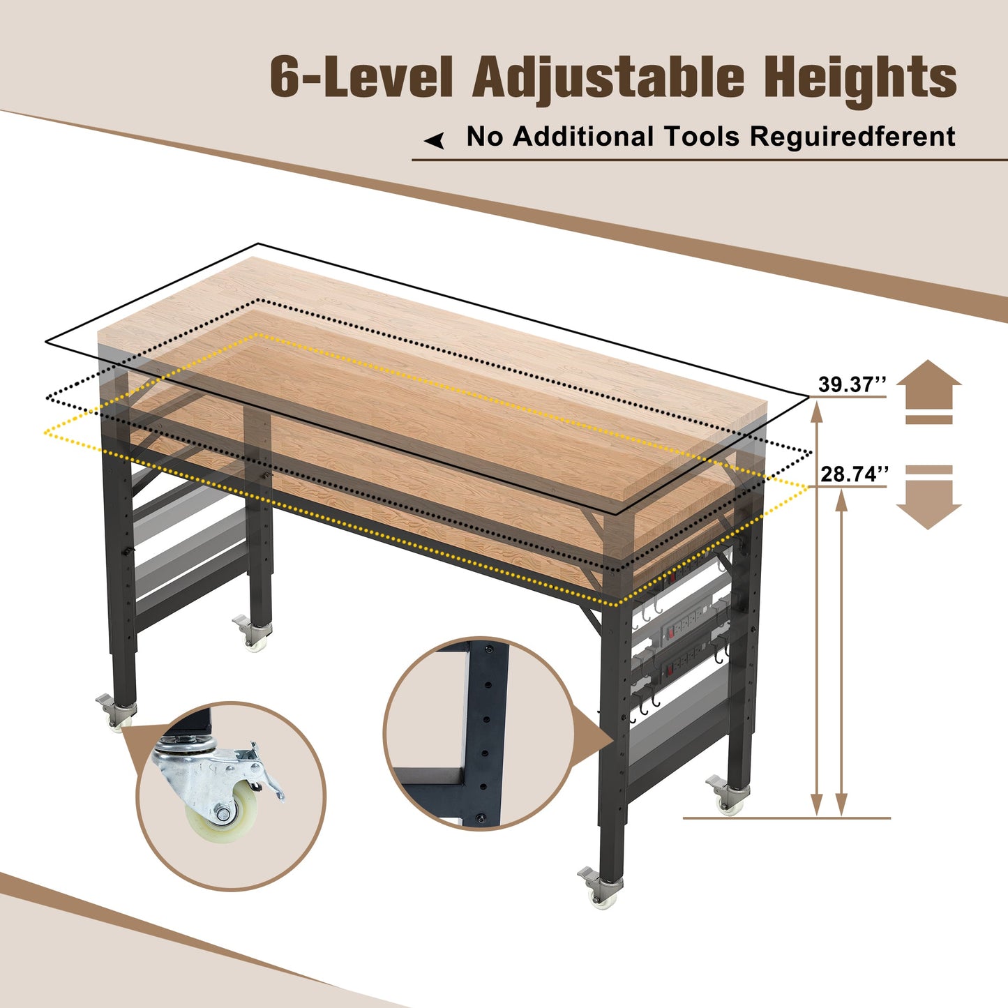 60 inch adjustable garage workbench, rubber wood heavy-duty workstation with power socket and wheels, 2000 pound load capacity - Korvel
