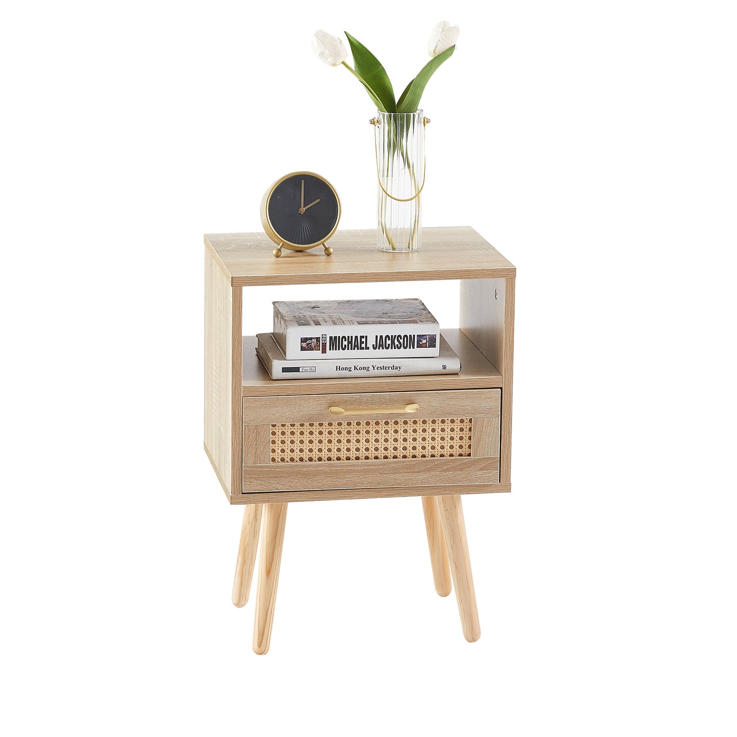 15.75" Rattan End table with drawer and solid wood legs Modern nightstand side table for living room natural - Korvel