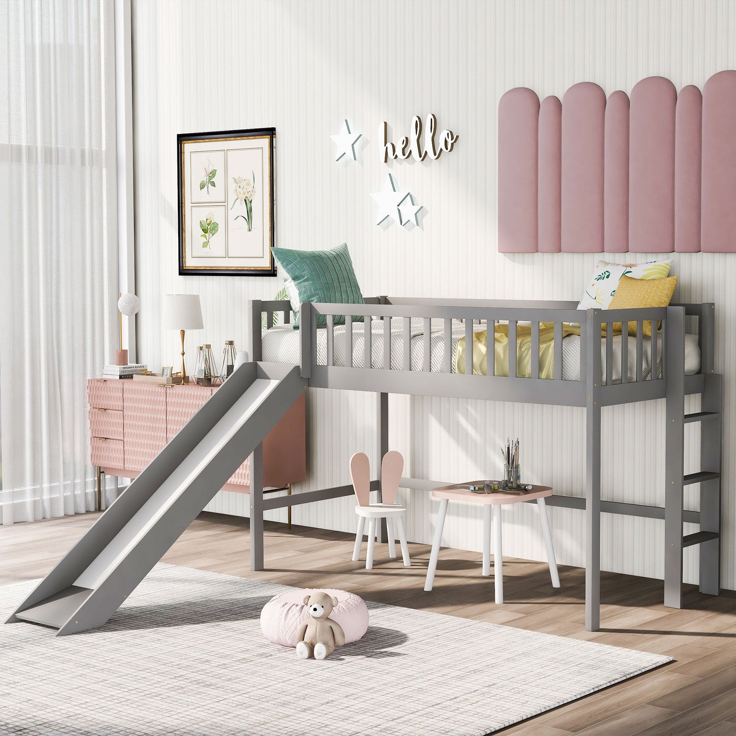 Cama baja tipo loft tamaño twin con escalera y tobogán - Gris