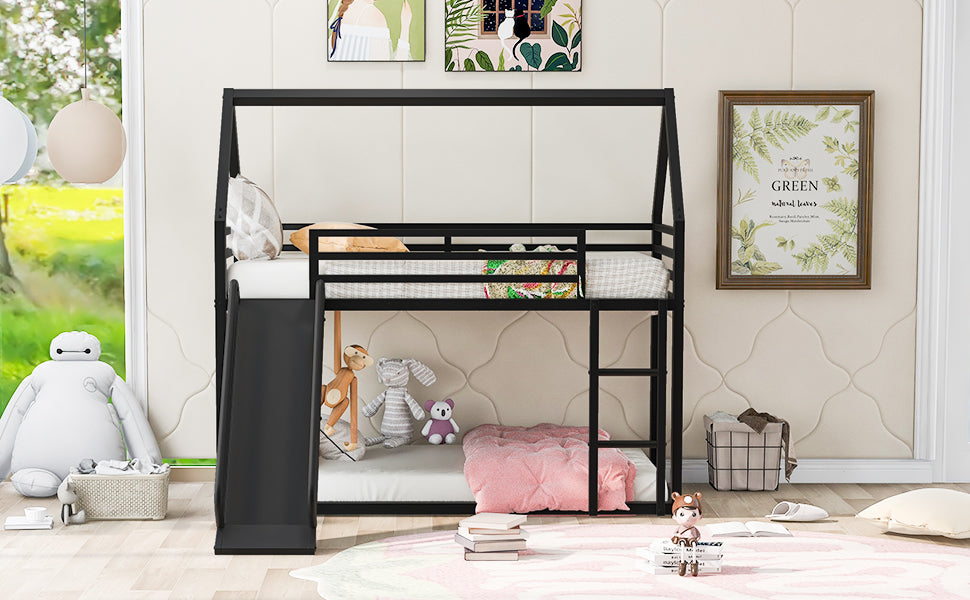 Twin over Twin House Bunk Bed with Ladder and Slide,Black - Korvel