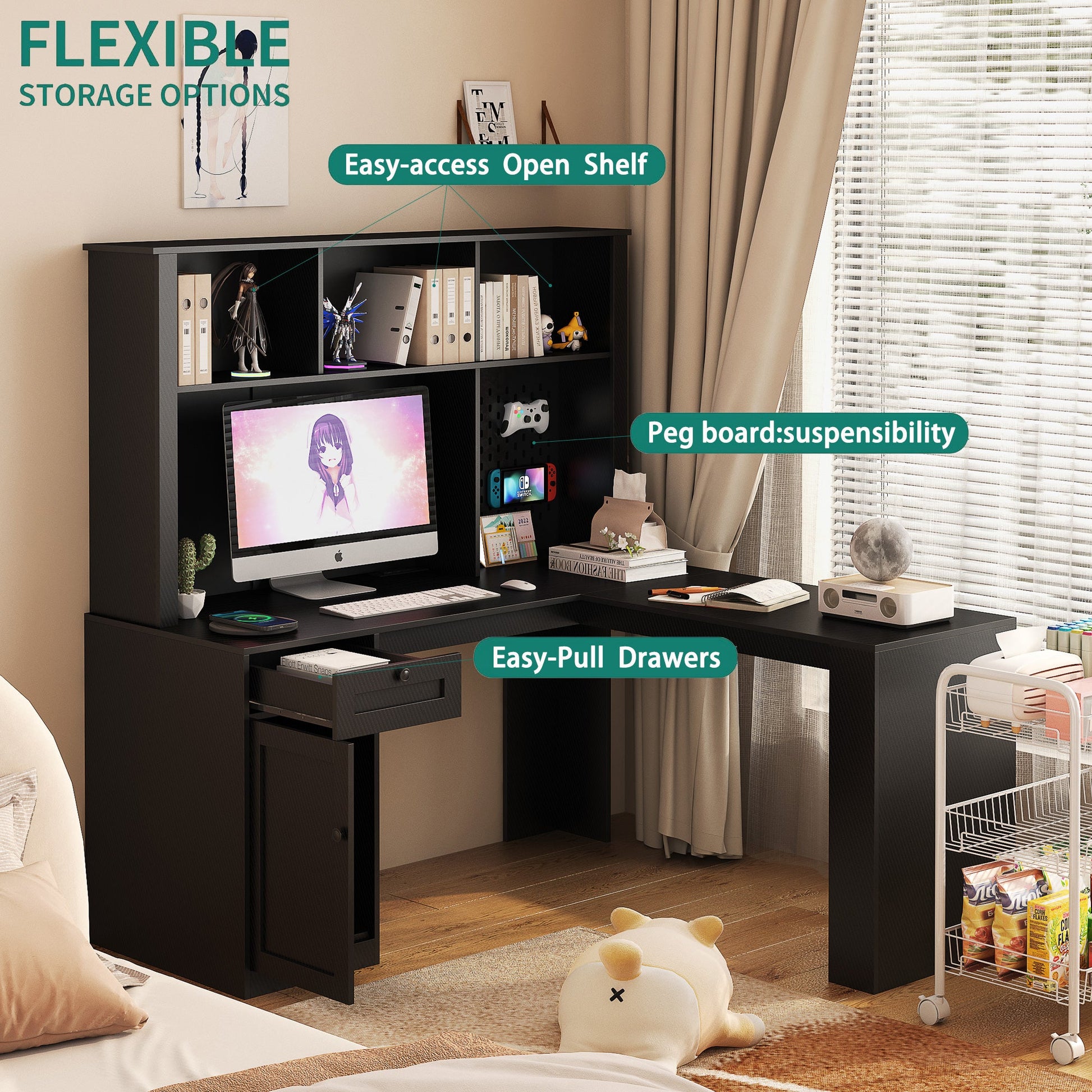 Writing desk with drawer bookshelf and charger, modern L-shaped desk with storage space, corner gaming computer desk - Korvel