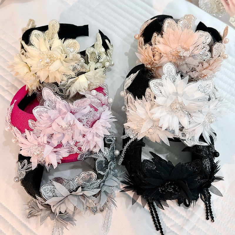 Hand embroidered three-dimensional simulation crystal flower headband pearl headband - Korvel