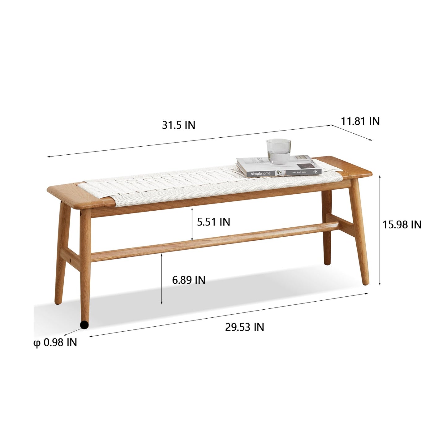 Design Natural Oak Wood Dining Bench Bed Bench for Dining Room, Bedroom, Bathroom (White) - Korvel