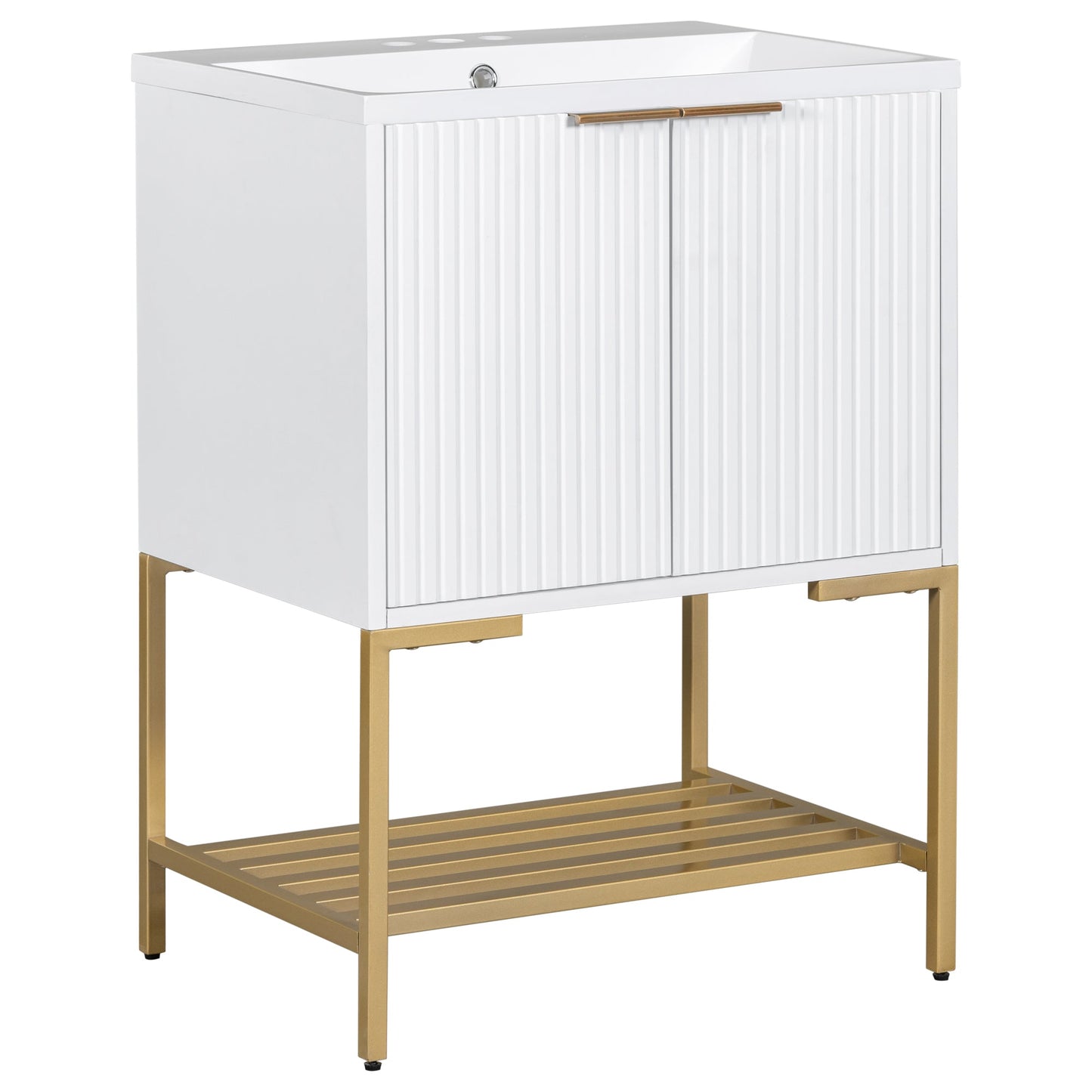 24" Bathroom Vanity with Sink, Bathroom Vanity Cabinet with Two Doors and Gold Metal Frame, Open Storage Shelf, White - Korvel