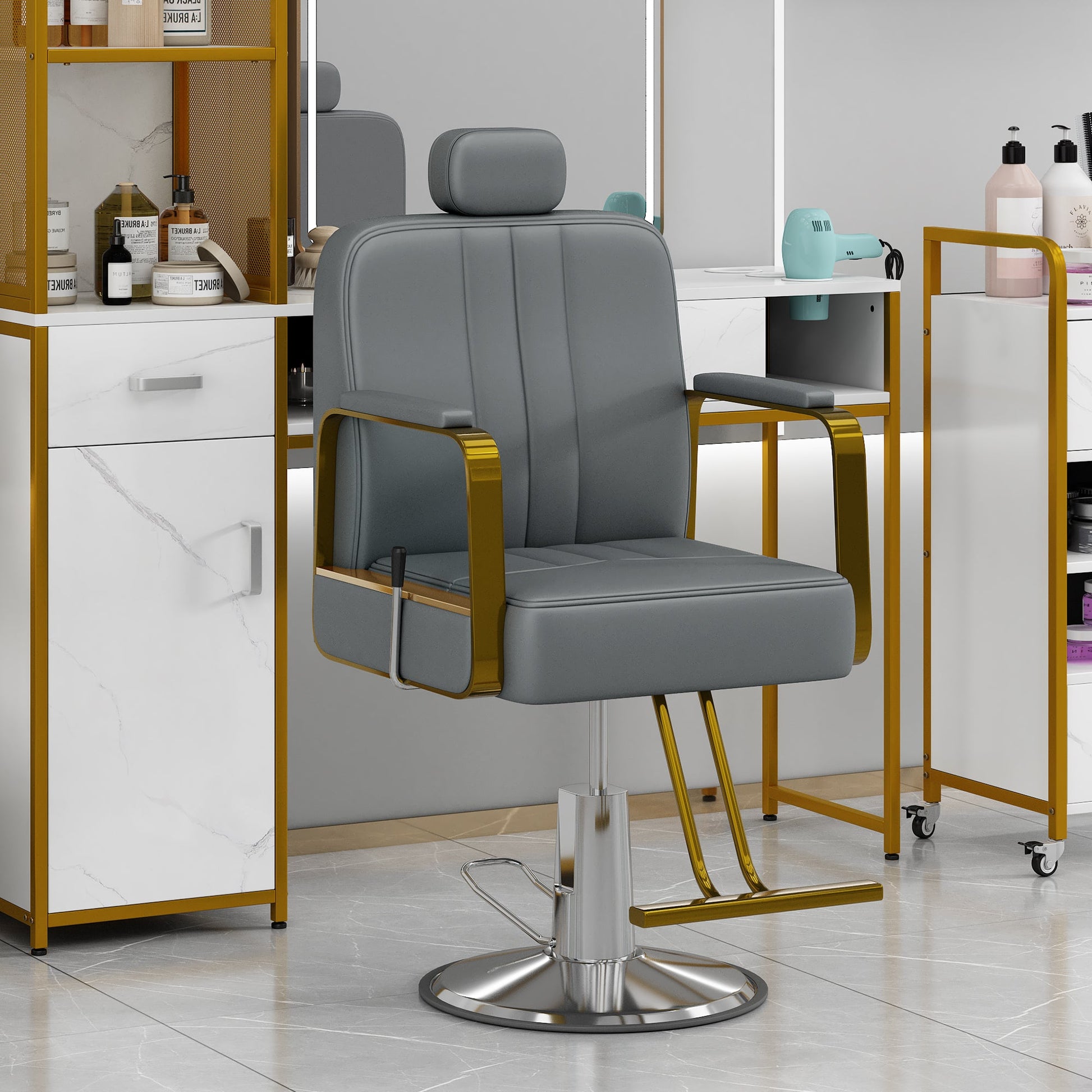 Advanced reclining hair salon chair with heavy-duty hydraulic pump, 360 ° rotation, maximum weight capacity of 400 pounds, Gray - Korvel