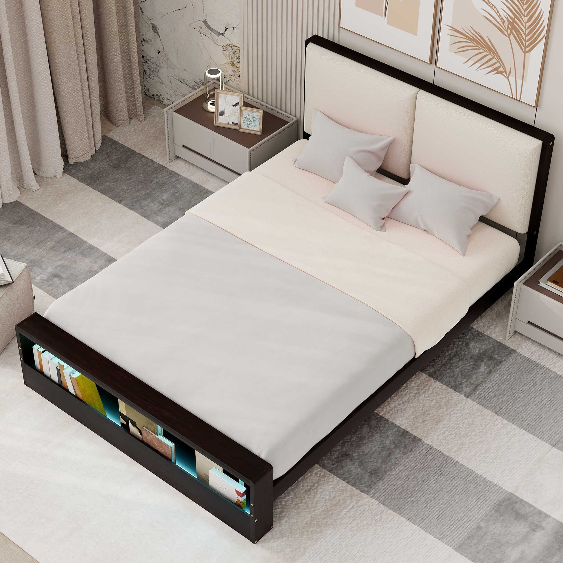 Queen Size Platform Bed Frame with Upholstery Headboard and Bookshelf in Footboard and LED Light Strips, Espresso - Korvel