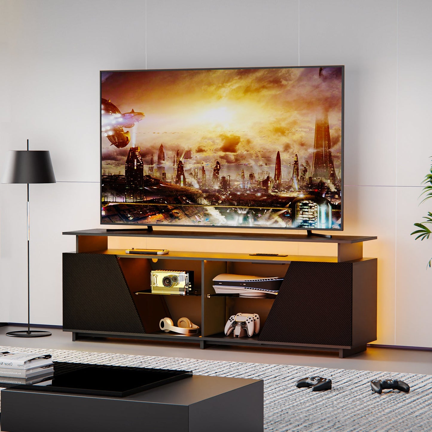 Gaming TV Stand for PS5 with Power Outlet,for TVs 75 inch and Below,LED Entertainment Center,Suitable for Living Room,Bedroom - Korvel