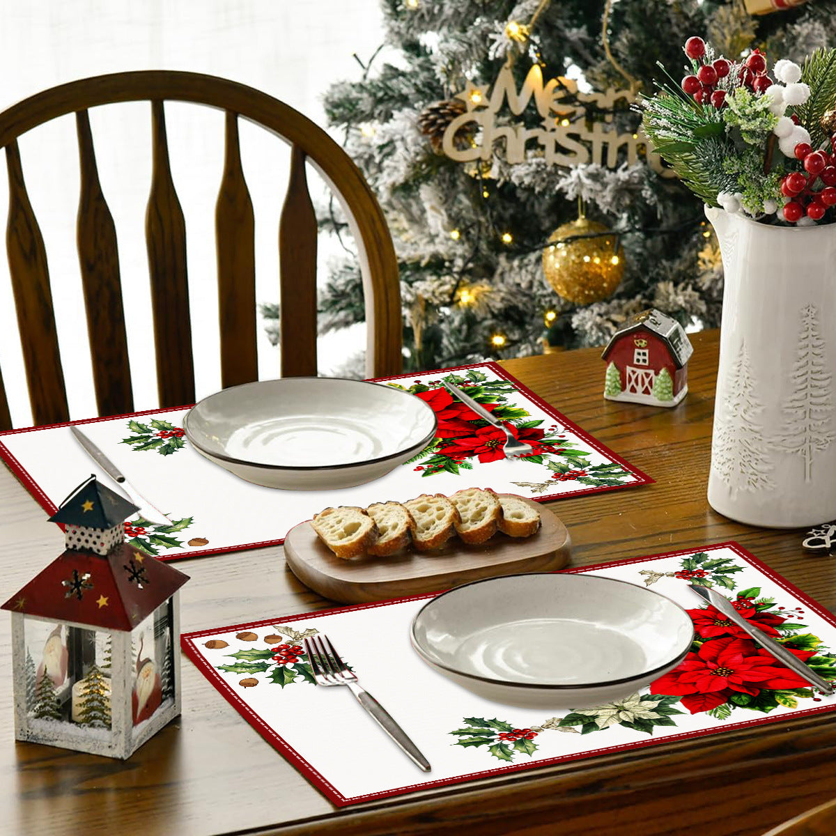 Christmas Red Flower Meal Mat Flower Pinecone Printed Table Mat Holiday Table Insulation Mat - Korvel