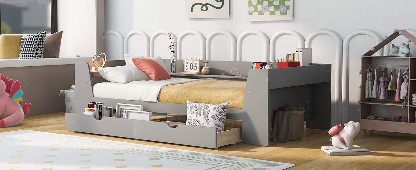Elegant Twin Size Daybed with Shelves and Charging Station - Gray