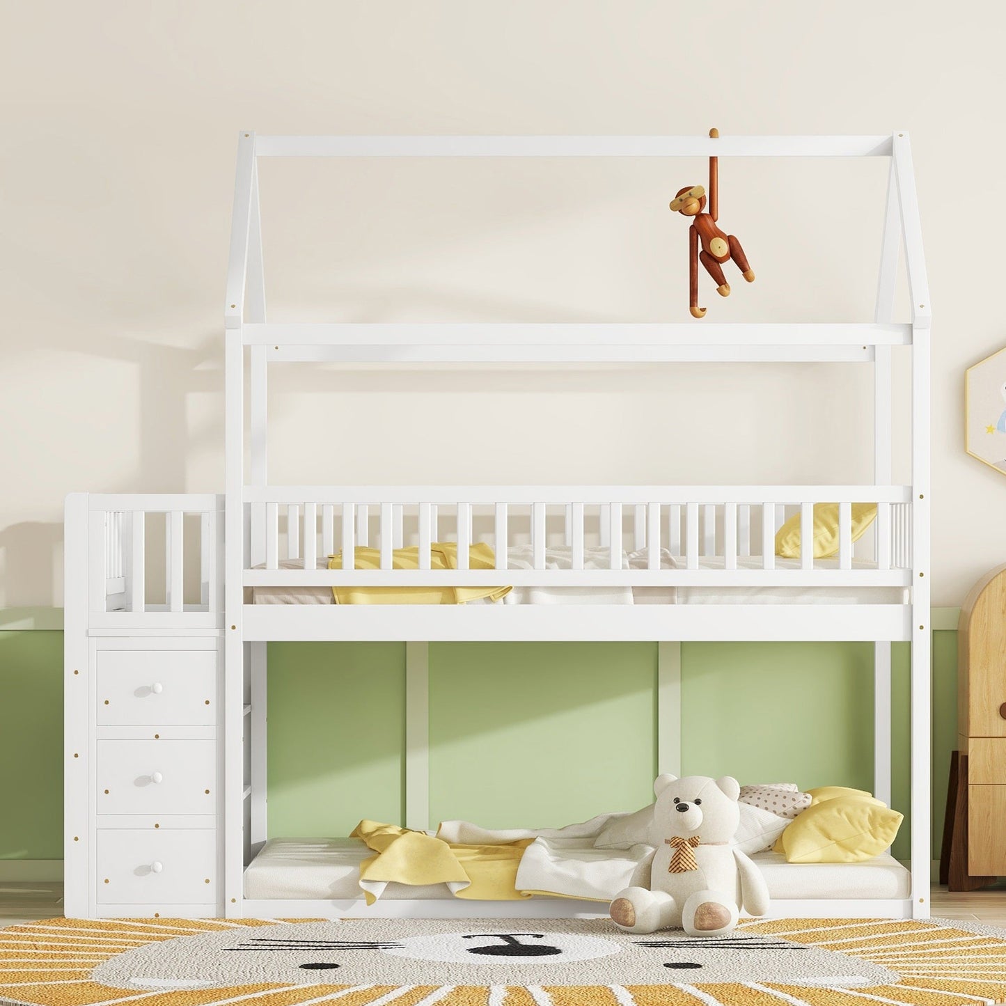 TWIN/TWIN HOUSE BUNK BED WITH SHELVES AND DRAWERS FOR WHITE COLOR - Korvel