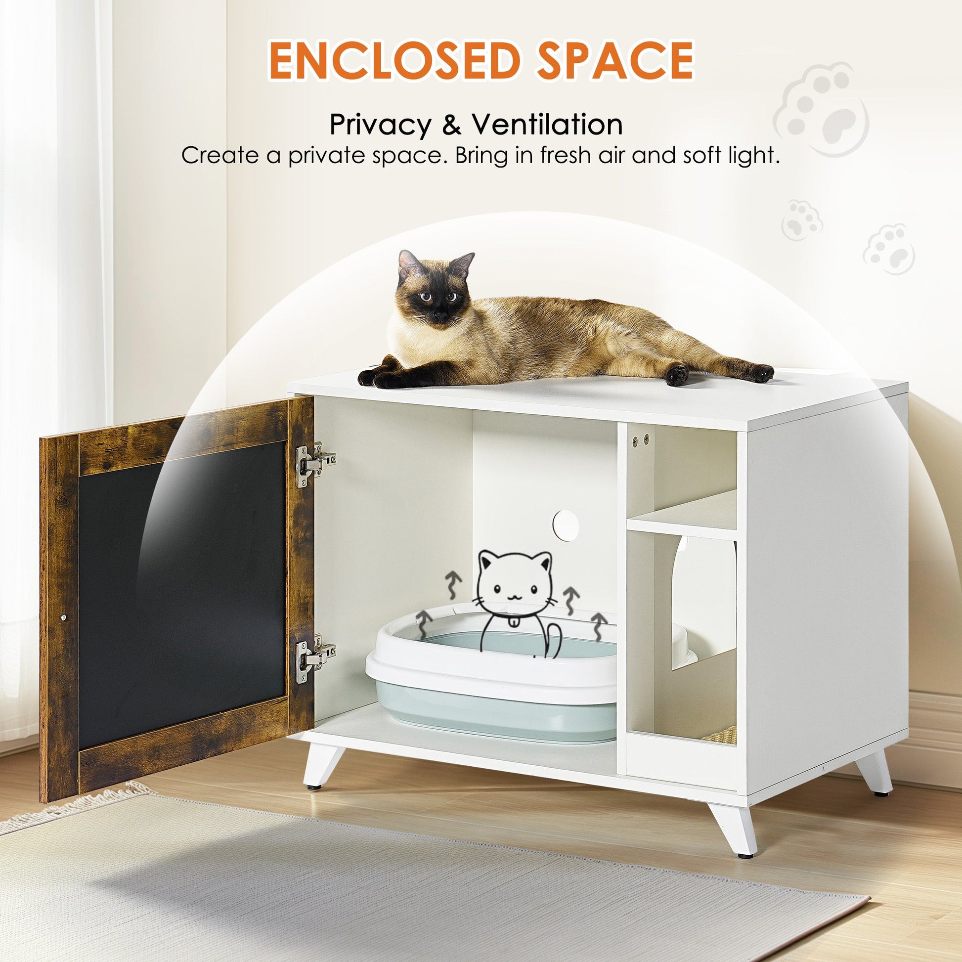 Litter Box Enclosure,Modern Hidden Cat Litter Box Enclosure Furniture with Scratching Pad for Living Room, White + vintage - Korvel
