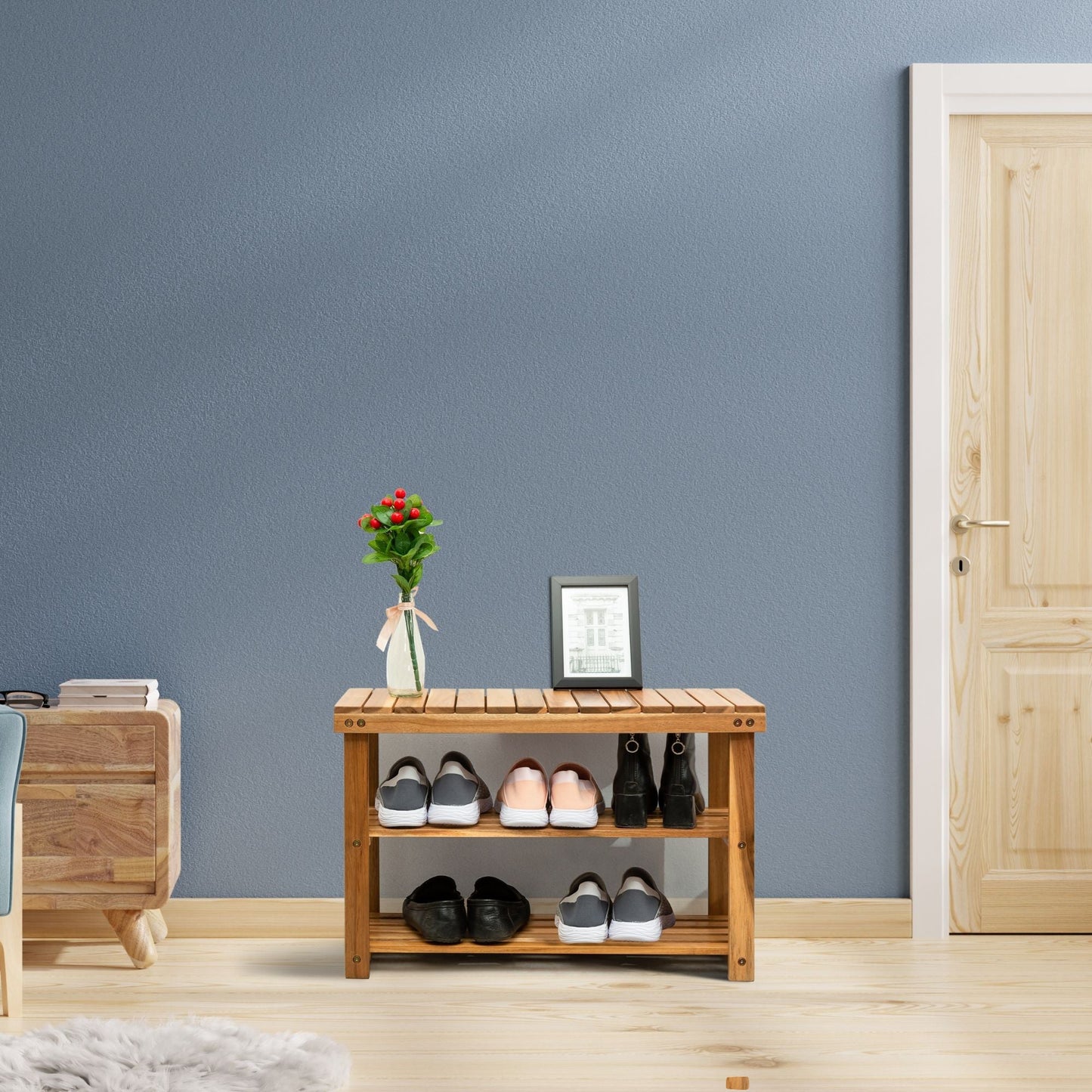 Acacia Wood Shoe Rack Bench Strong Weight Bearing Upto 200 LBS Best Ideas For Entryway Frontdoor Bathroom, Natural Color. - Korvel