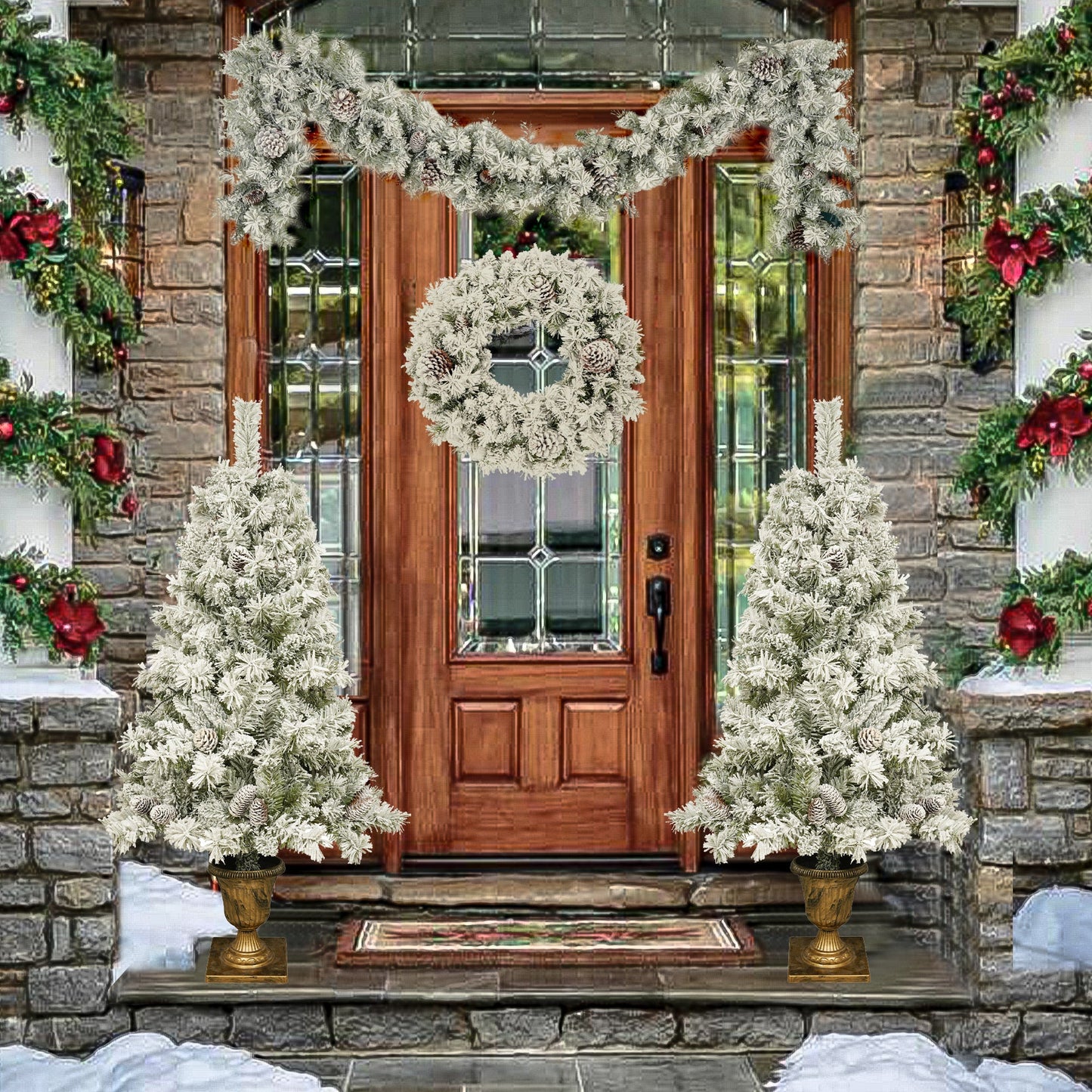 A set of 4 artificial Christmas trees, including flower garlands, flower garlands, and 2 entrance trees, with LED lights - Korvel