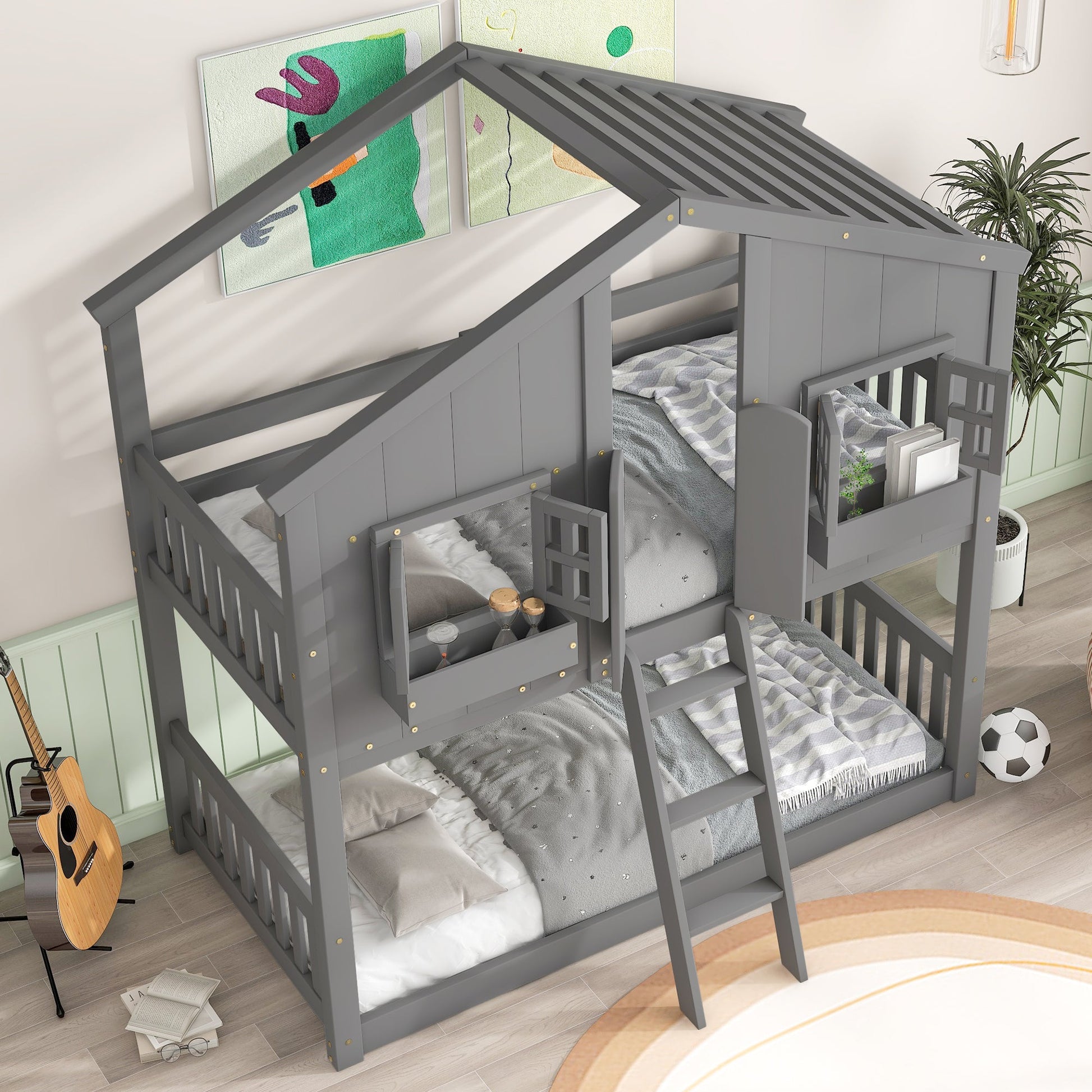 Twin over Twin House Bunk Bed with Roof , Window, Window Box, Door , with Safety Guardrails and Ladder, Grey - Korvel