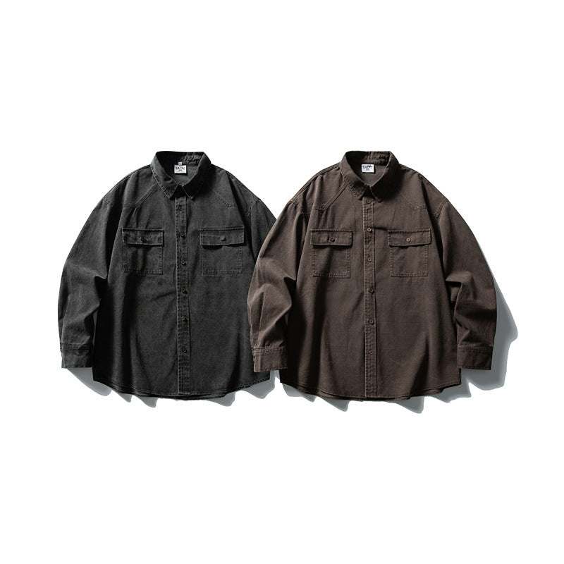 Used washed casual loose long sleeved shirt jacket men's workwear shirt - Korvel