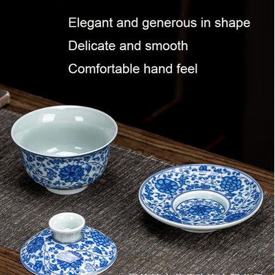 Ceramic set, three talents, covered bowl, old clay, retro kung fu tea set, tea bowl, underglaze tiger cup, Jingdezhen - Korvel