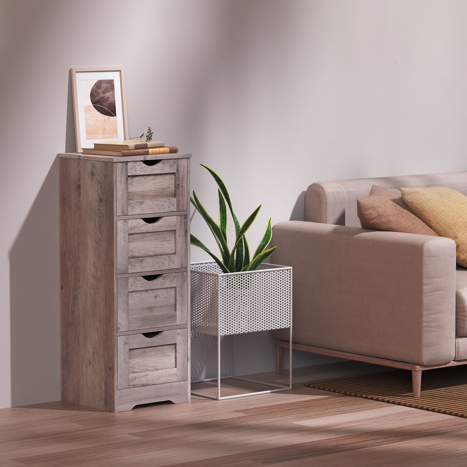 Floor Cabinet Wooden Storage Cabinet Home Office Living Room Bathroom Side Table Sturdy Modern 4 Drawers Grey - Korvel