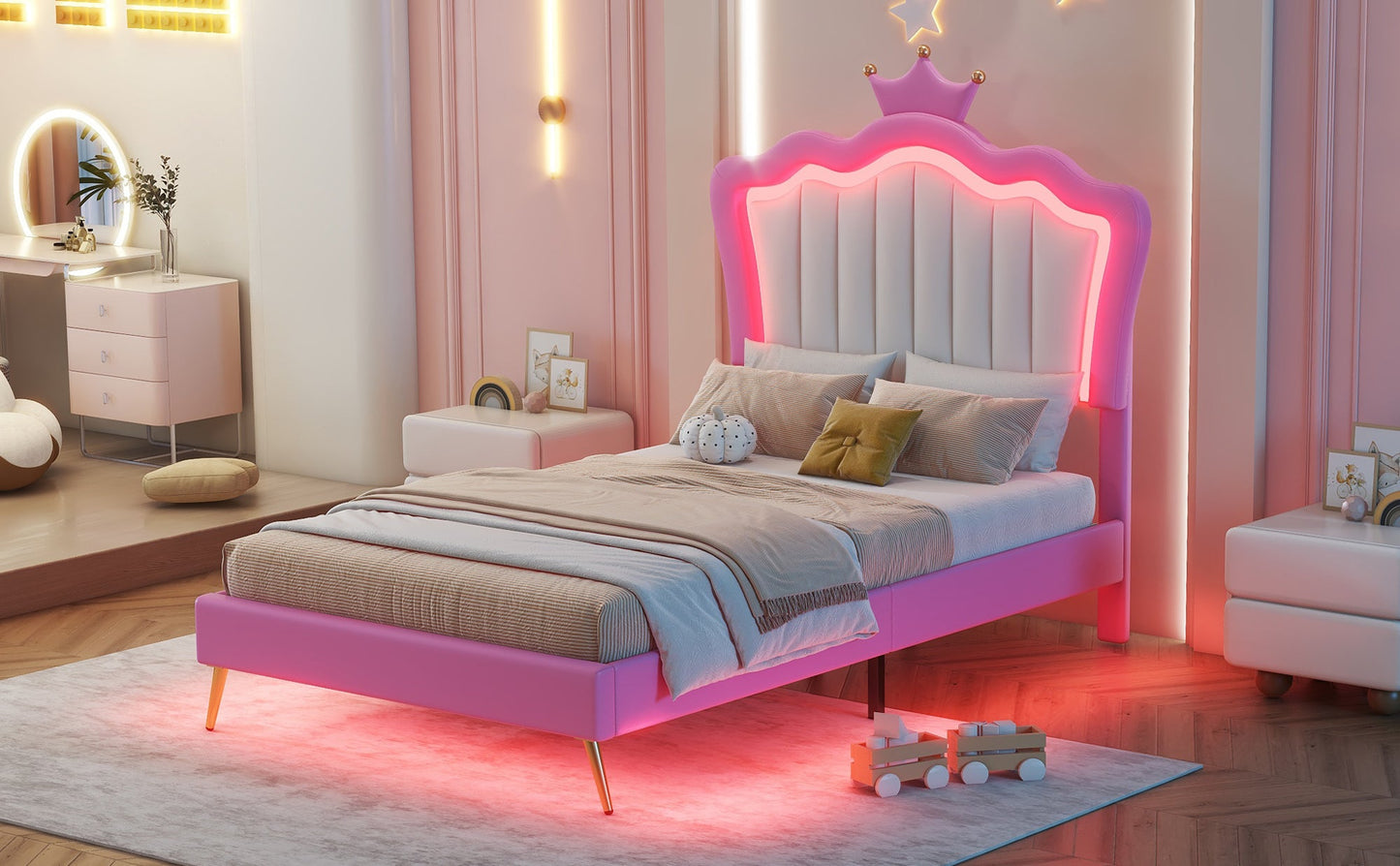 Twin Size Upholstered Bed Frame with LED Lights - Pink & White