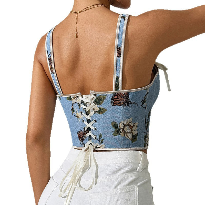 French floral retro vest with floral suspender - Korvel